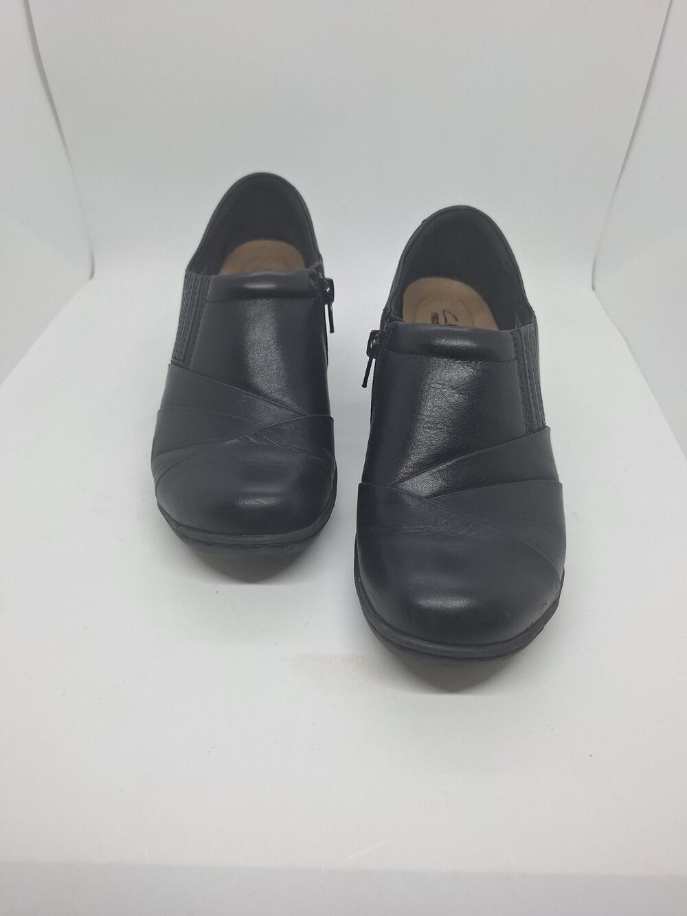Clarks Chann Black Leather Slip-On Shoes With Side Zippers Wedge 7.5